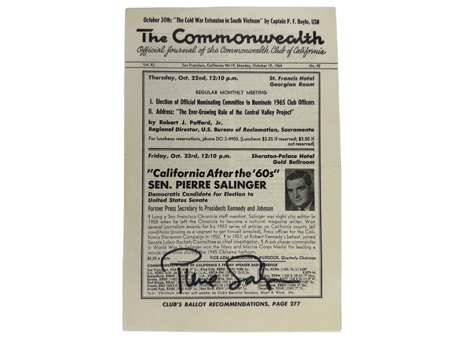 Autograph Of Pierre Salinger: Former United States Senator And Press Secretary For United States Presidents John F. Kennedy and Lyndon B. Johnson