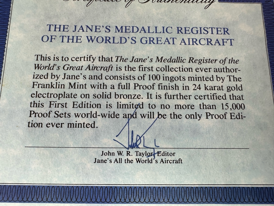 Limited Edition Of 15,000 First Collection Of The Jane's Medallic Register Of The World's Great Aircraft Consisting Of 100 Ingots Minted By The Franklin Mint With A Full Proof 24K Gold Electroplate On Solid Bronze W/ Cert Each Tray 13.5 X 9.5 - See Photos [Photo 29]