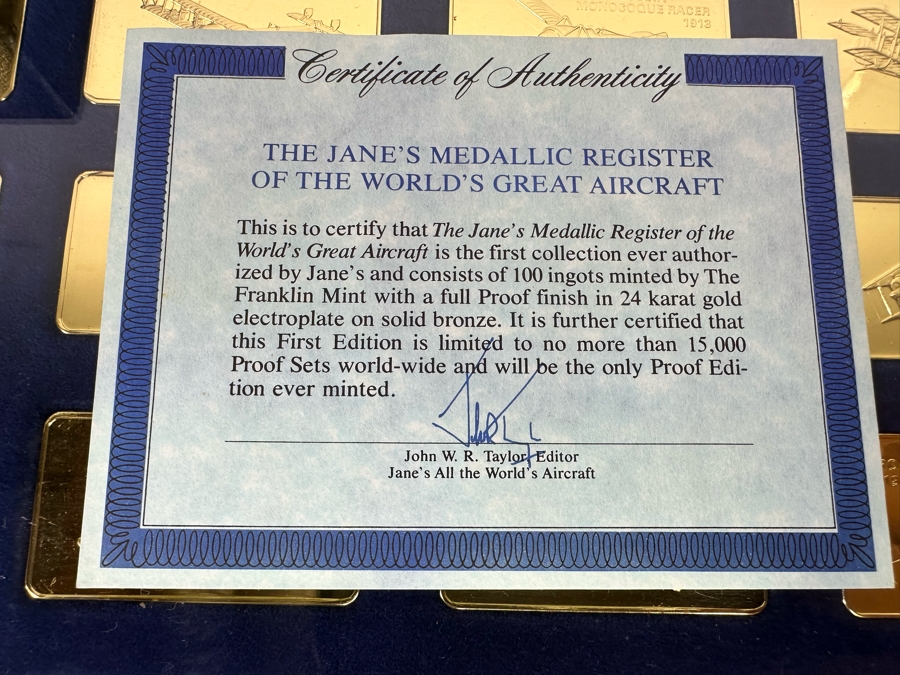 Limited Edition Of 15,000 First Collection Of The Jane's Medallic Register Of The World's Great Aircraft Consisting Of 100 Ingots Minted By The Franklin Mint With A Full Proof 24K Gold Electroplate On Solid Bronze W/ Cert Each Tray 13.5 X 9.5 - See Photos [Photo 28]