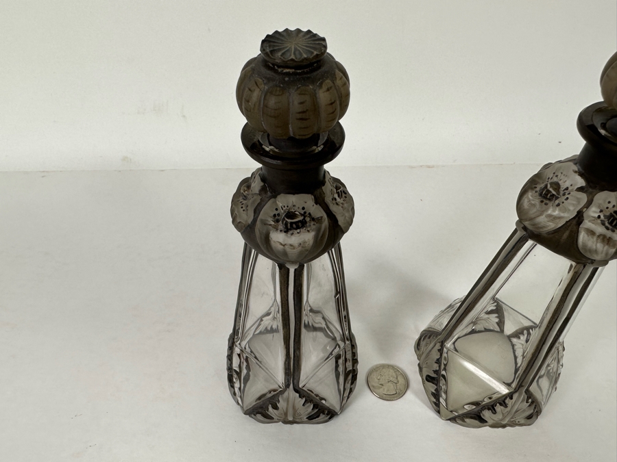 Pair Of Antique Julien Viard Scent Perfume Bottles In Clear And Frosted Glass Featuring A Raised Poppy Motif For The Fragrance 'Ghysra' By Djamila France Circa 1920 Bottom Of Glass Reads Bottle Made In Czechoslovakia 7.75H [Photo 8]