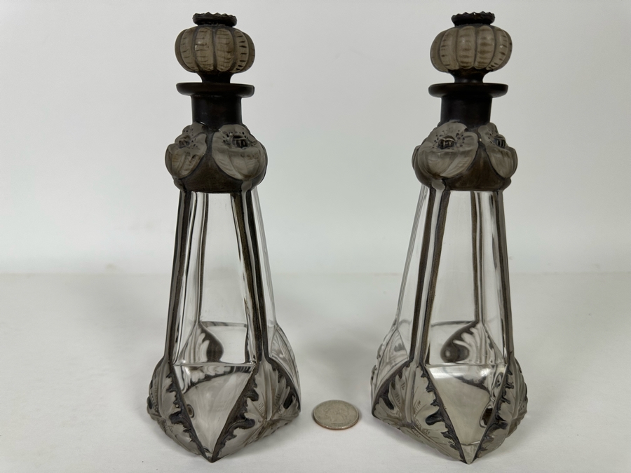 Pair Of Antique Julien Viard Scent Perfume Bottles In Clear And Frosted Glass Featuring A Raised Poppy Motif For The Fragrance 'Ghysra' By Djamila France Circa 1920 Bottom Of Glass Reads Bottle Made In Czechoslovakia 7.75H [Photo 9]