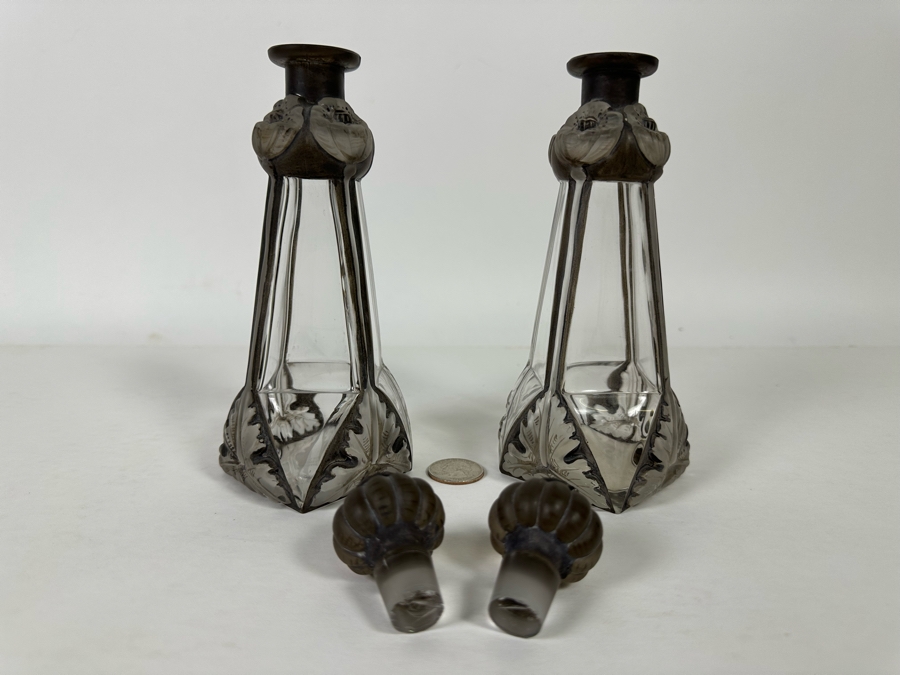 Pair Of Antique Julien Viard Scent Perfume Bottles In Clear And Frosted Glass Featuring A Raised Poppy Motif For The Fragrance 'Ghysra' By Djamila France Circa 1920 Bottom Of Glass Reads Bottle Made In Czechoslovakia 7.75H [Photo 10]