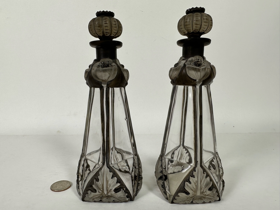 Pair Of Antique Julien Viard Scent Perfume Bottles In Clear And Frosted Glass Featuring A Raised Poppy Motif For The Fragrance 'Ghysra' By Djamila France Circa 1920 Bottom Of Glass Reads Bottle Made In Czechoslovakia 7.75H [Photo 4]