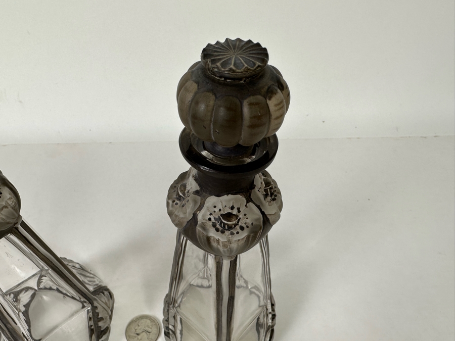 Pair Of Antique Julien Viard Scent Perfume Bottles In Clear And Frosted Glass Featuring A Raised Poppy Motif For The Fragrance 'Ghysra' By Djamila France Circa 1920 Bottom Of Glass Reads Bottle Made In Czechoslovakia 7.75H [Photo 7]