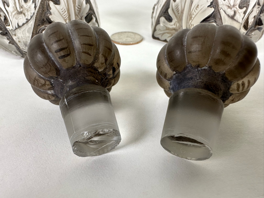 Pair Of Antique Julien Viard Scent Perfume Bottles In Clear And Frosted Glass Featuring A Raised Poppy Motif For The Fragrance 'Ghysra' By Djamila France Circa 1920 Bottom Of Glass Reads Bottle Made In Czechoslovakia 7.75H [Photo 11]