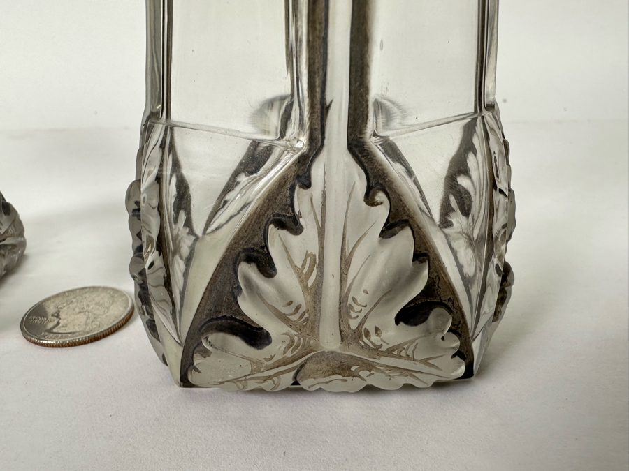 Pair Of Antique Julien Viard Scent Perfume Bottles In Clear And Frosted Glass Featuring A Raised Poppy Motif For The Fragrance 'Ghysra' By Djamila France Circa 1920 Bottom Of Glass Reads Bottle Made In Czechoslovakia 7.75H [Photo 6]