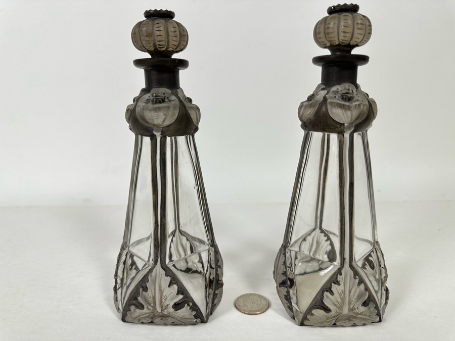 Pair Of Antique Julien Viard Scent Perfume Bottles In Clear And Frosted Glass Featuring A Raised Poppy Motif For The Fragrance 'Ghysra' By Djamila France Circa 1920 Bottom Of Glass Reads Bottle Made In Czechoslovakia 7.75H [Photo 2]