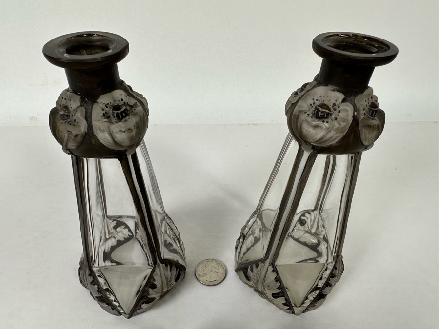 Pair Of Antique Julien Viard Scent Perfume Bottles In Clear And Frosted Glass Featuring A Raised Poppy Motif For The Fragrance 'Ghysra' By Djamila France Circa 1920 Bottom Of Glass Reads Bottle Made In Czechoslovakia 7.75H [Photo 12]