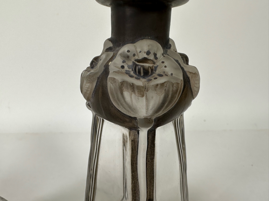 Pair Of Antique Julien Viard Scent Perfume Bottles In Clear And Frosted Glass Featuring A Raised Poppy Motif For The Fragrance 'Ghysra' By Djamila France Circa 1920 Bottom Of Glass Reads Bottle Made In Czechoslovakia 7.75H [Photo 5]