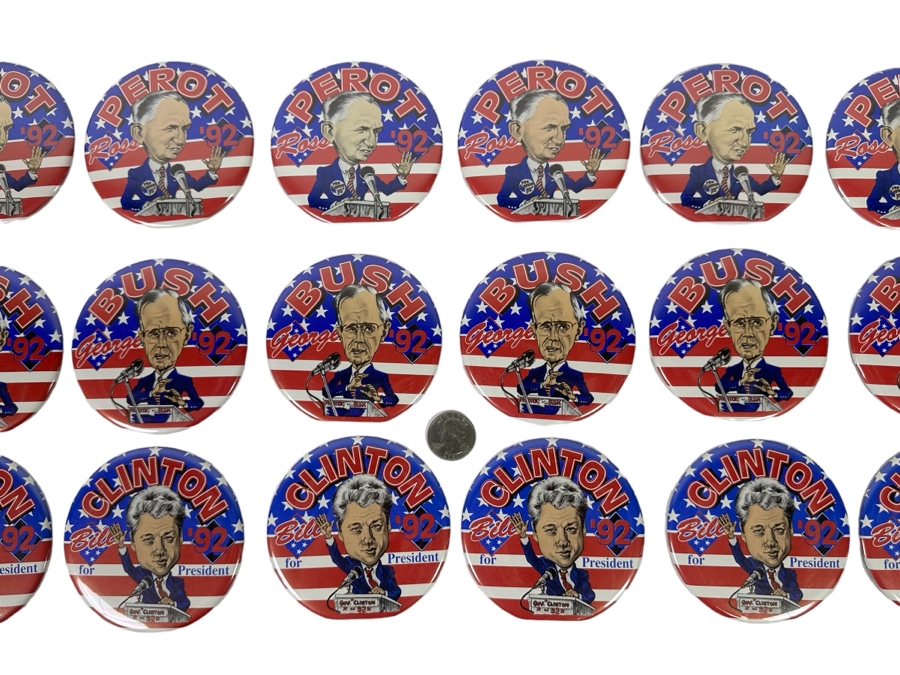 Eighteen 1992 Political Presidential Candidate Buttons Of Bill Clinton, George Bush & Ross Perot