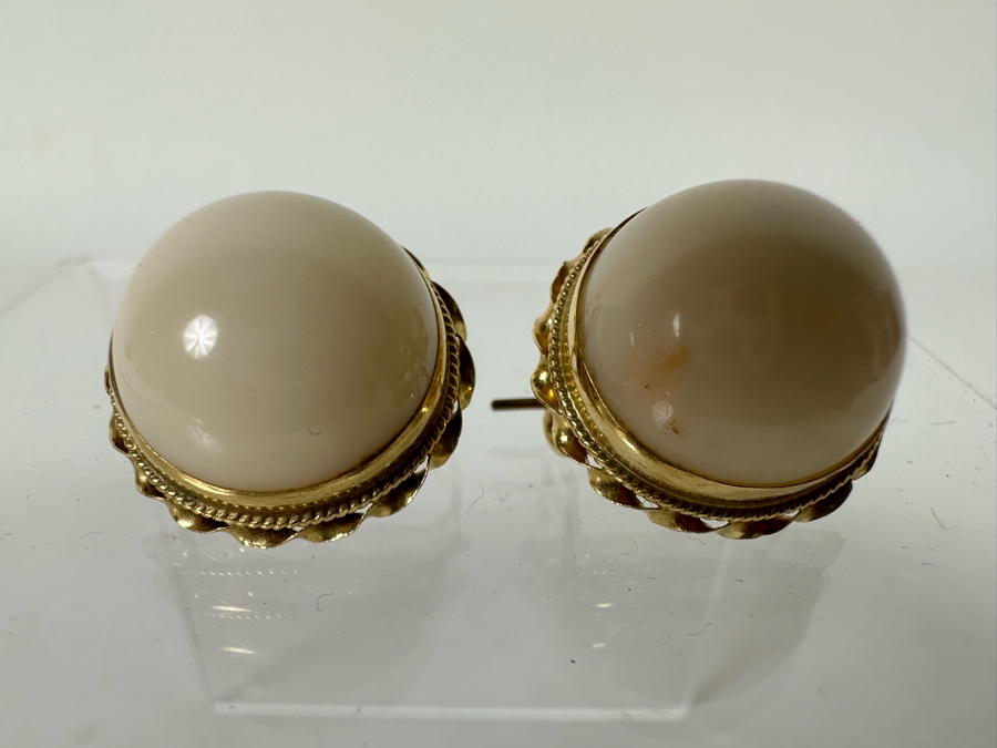 14K Gold Cabochon Angel Skin Coral Earrings 9.4g [Photo 7]