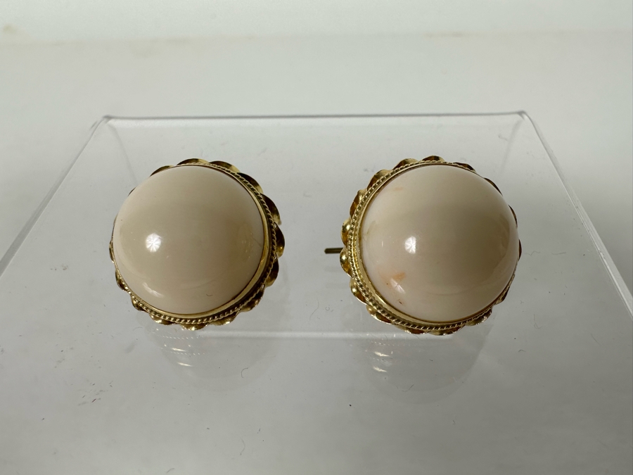 14K Gold Cabochon Angel Skin Coral Earrings 9.4g [Photo 3]