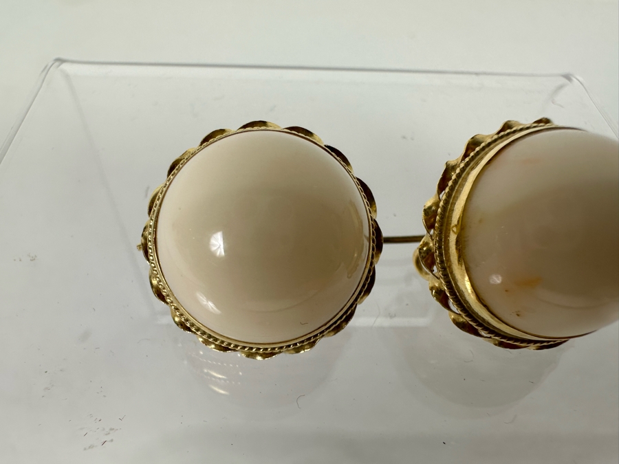 14K Gold Cabochon Angel Skin Coral Earrings 9.4g [Photo 5]