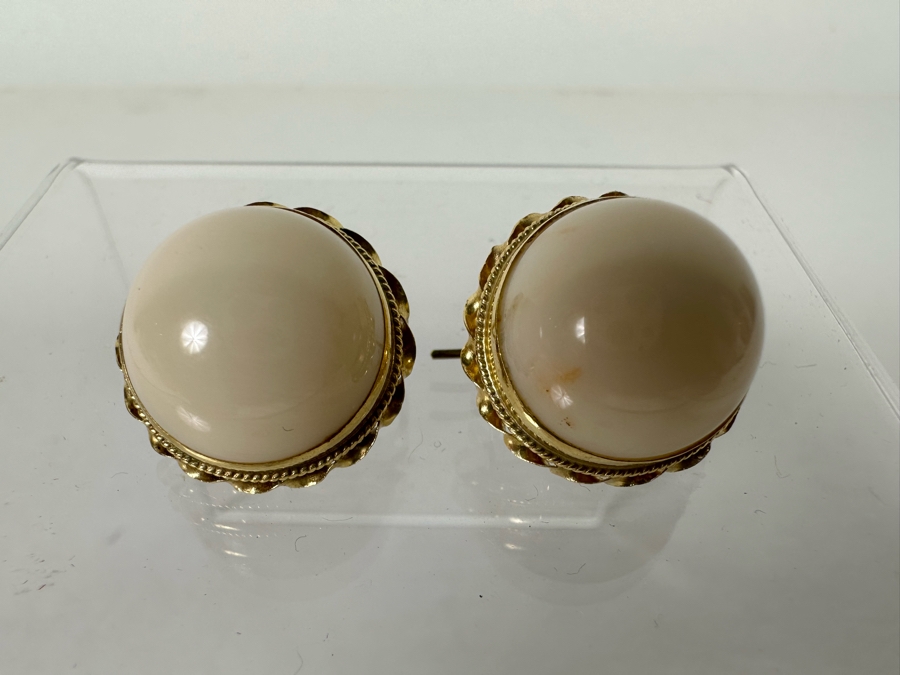 14K Gold Cabochon Angel Skin Coral Earrings 9.4g [Photo 4]