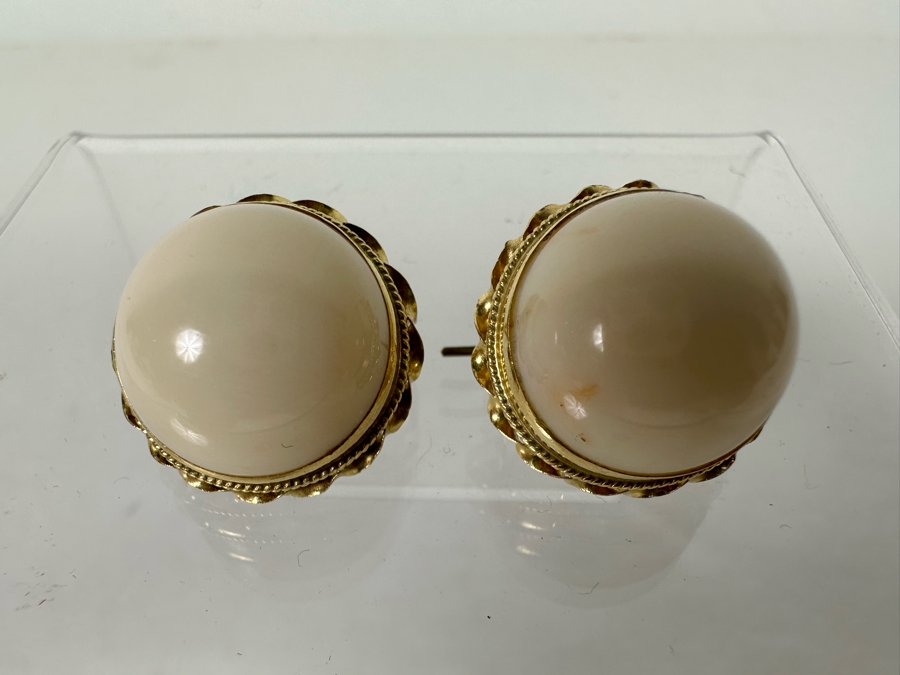 14K Gold Cabochon Angel Skin Coral Earrings 9.4g [Photo 6]