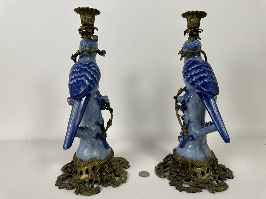 Vintage Pair Of Large Hollywood Regency Ormolu Mounted Ceramic Blue Parrot Bird Brass Candle Holders Candlesticks 14.5H [Photo 11]