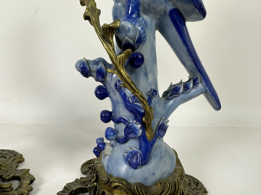 Vintage Pair Of Large Hollywood Regency Ormolu Mounted Ceramic Blue Parrot Bird Brass Candle Holders Candlesticks 14.5H [Photo 8]