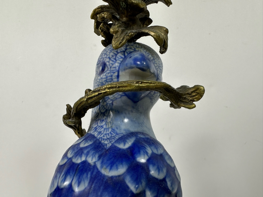Vintage Pair Of Large Hollywood Regency Ormolu Mounted Ceramic Blue Parrot Bird Brass Candle Holders Candlesticks 14.5H [Photo 12]