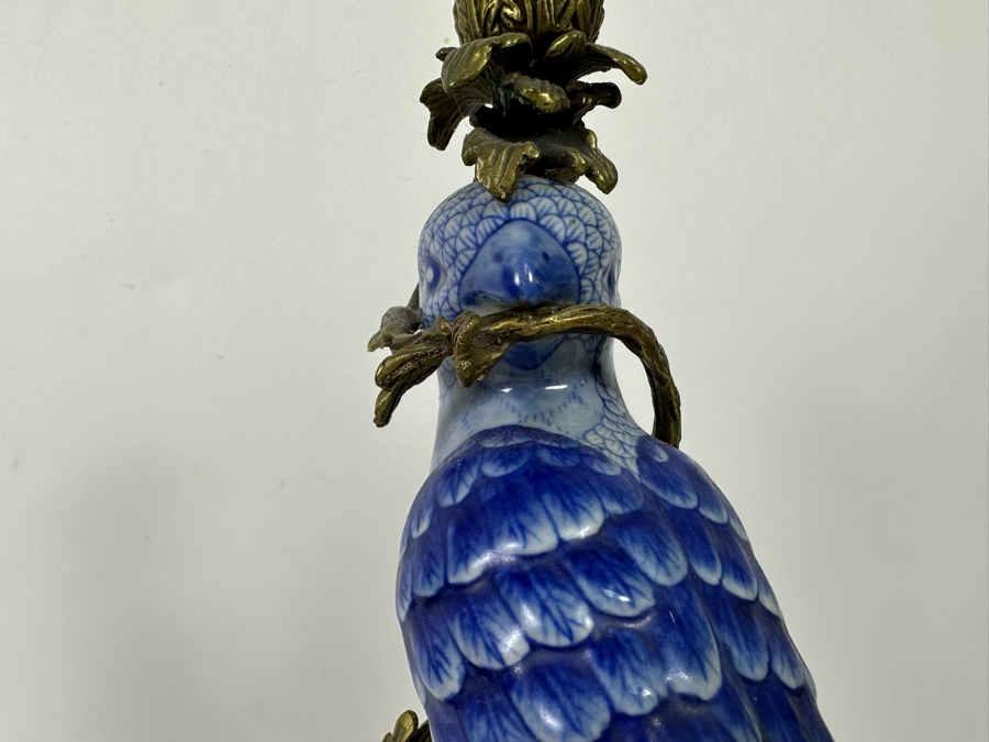 Vintage Pair Of Large Hollywood Regency Ormolu Mounted Ceramic Blue Parrot Bird Brass Candle Holders Candlesticks 14.5H [Photo 13]