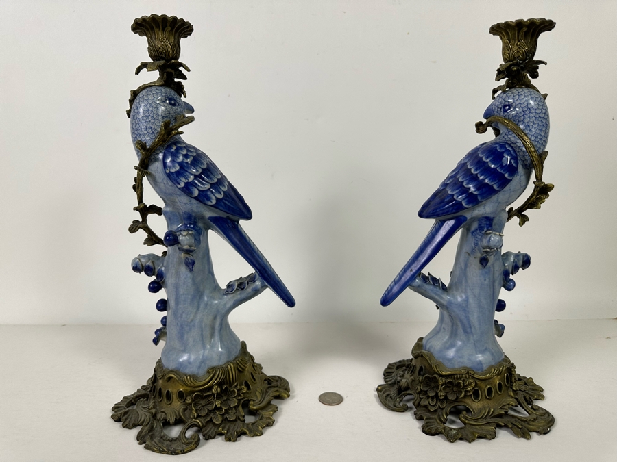Vintage Pair Of Large Hollywood Regency Ormolu Mounted Ceramic Blue Parrot Bird Brass Candle Holders Candlesticks 14.5H [Photo 14]