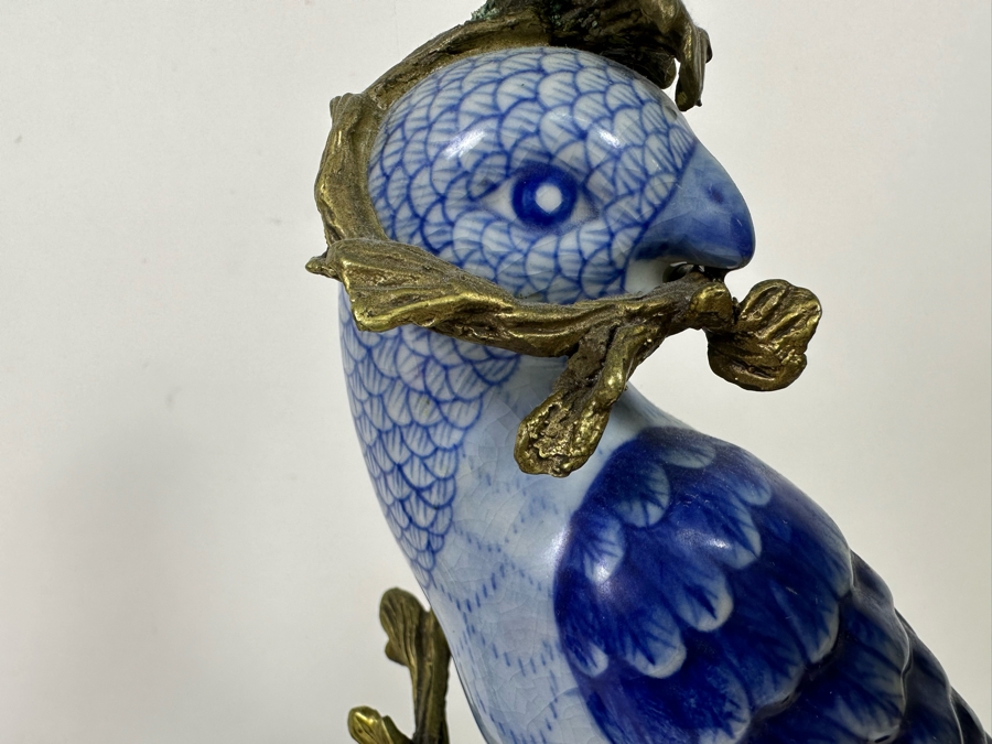 Vintage Pair Of Large Hollywood Regency Ormolu Mounted Ceramic Blue Parrot Bird Brass Candle Holders Candlesticks 14.5H [Photo 6]