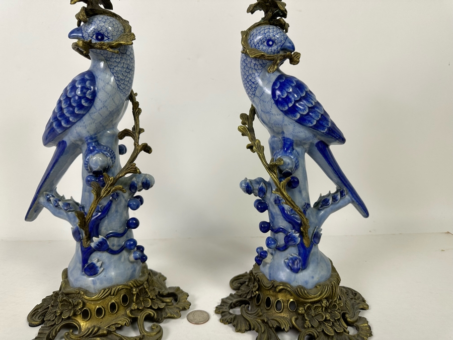 Vintage Pair Of Large Hollywood Regency Ormolu Mounted Ceramic Blue Parrot Bird Brass Candle Holders Candlesticks 14.5H [Photo 5]