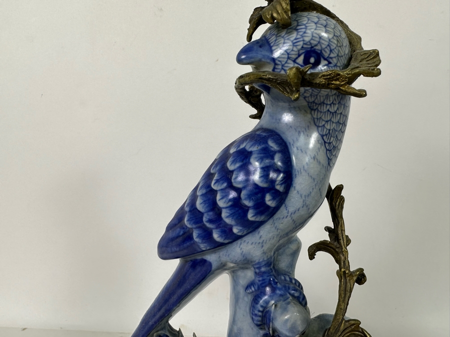 Vintage Pair Of Large Hollywood Regency Ormolu Mounted Ceramic Blue Parrot Bird Brass Candle