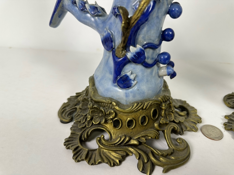Vintage Pair Of Large Hollywood Regency Ormolu Mounted Ceramic Blue Parrot Bird Brass Candle Holders Candlesticks 14.5H [Photo 10]