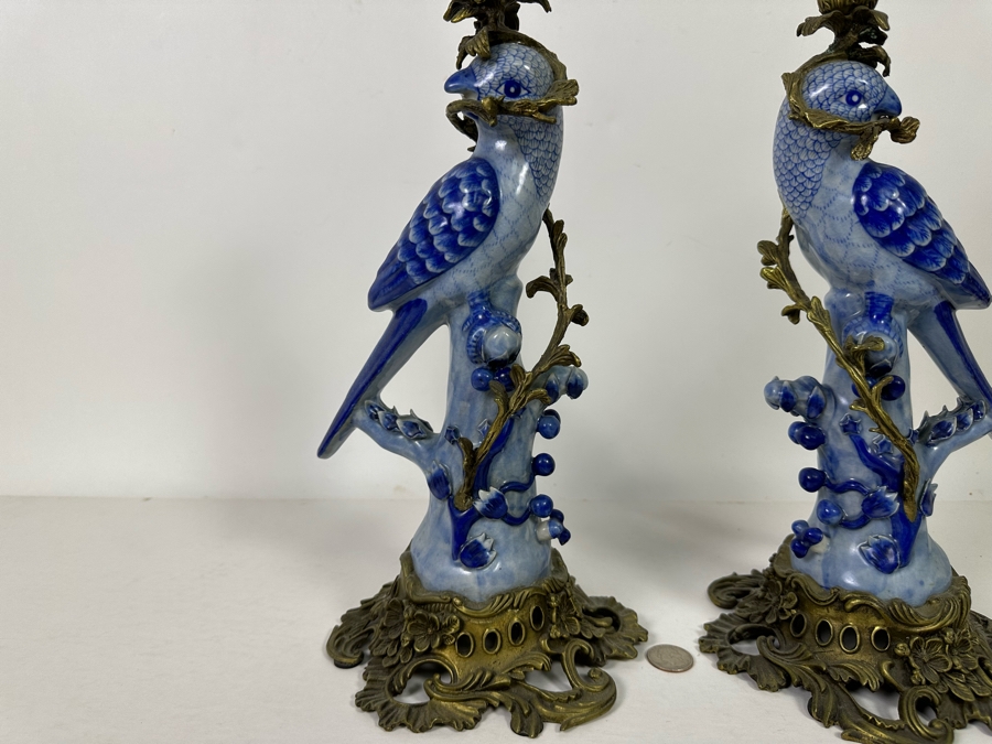 Vintage Pair Of Large Hollywood Regency Ormolu Mounted Ceramic Blue Parrot Bird Brass Candle Holders Candlesticks 14.5H [Photo 4]
