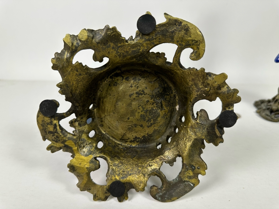 Vintage Pair Of Large Hollywood Regency Ormolu Mounted Ceramic Blue Parrot Bird Brass Candle Holders Candlesticks 14.5H [Photo 15]