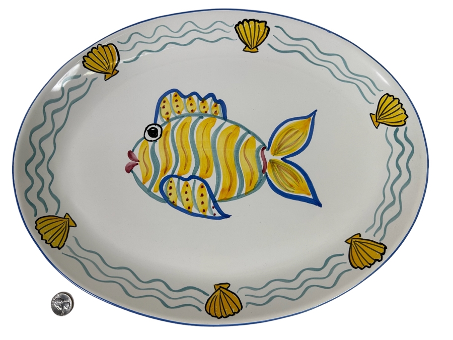 Large Hand Painted Fish Oval Platter Made In Portugal 16.5 X 12.5