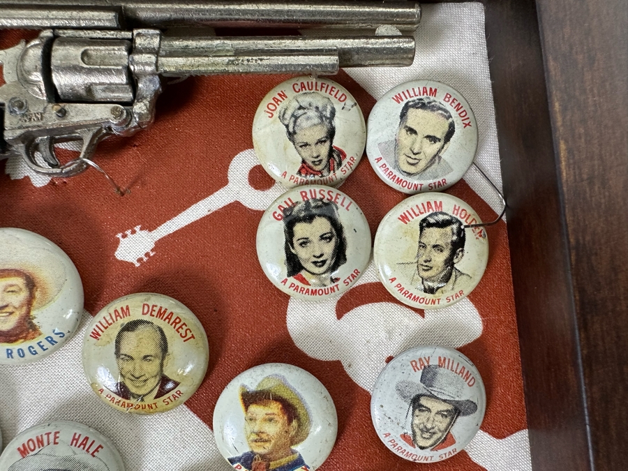 Huge Collection Of Vintage Collectible Western Movie Star Actor Cowboy Buttons, Roy Rogers Pocket Knife & Miniature Toy Pistols / Rifle Displayed In Nice Shawdowbox Display Case: Hoot Gibson, John Wayne, Gene Autry, Hopalong Cassidy 6X11 - See Photos [Photo 20]