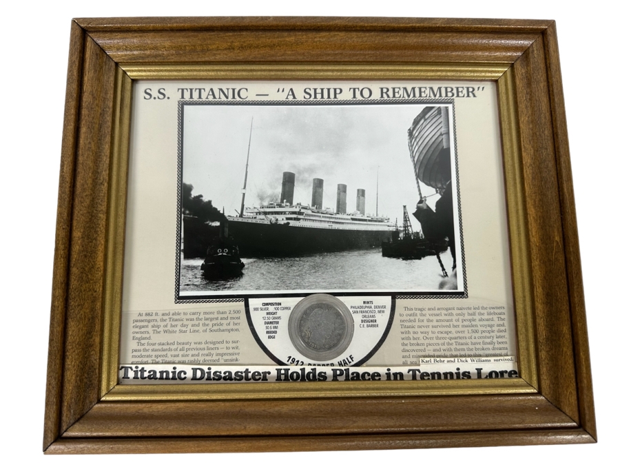 .900 Silver 1912 Barber Half Dollar Framed & Displayed Within S.S. Titanic Memorial 12 X 10