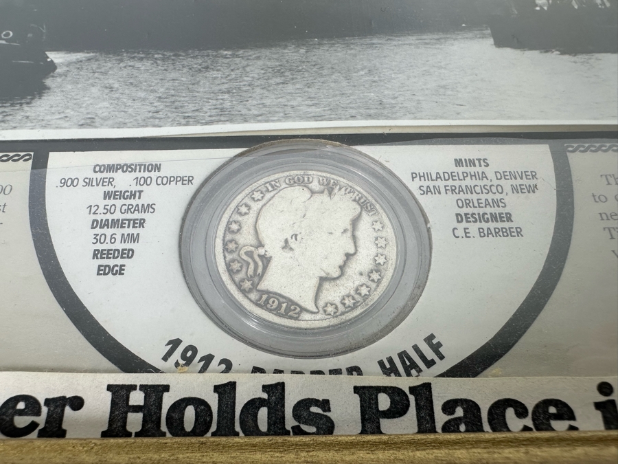 .900 Silver 1912 Barber Half Dollar Framed & Displayed Within S.S. Titanic Memorial 12 X 10 [Photo 5]