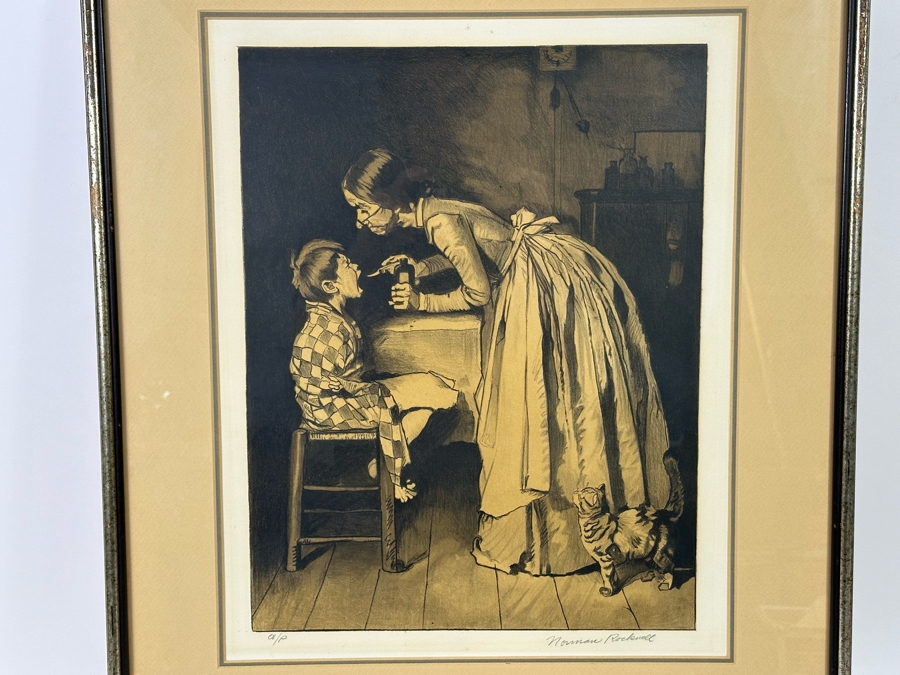 Norman Rockwell (1894-1978) Hand Signed Aritst Proof A/P Lithograph From The Tom Sawyer Suite Medicine (Sepia) 1976 15W X 21H Framed 22W X 27.5H  [Photo 3]