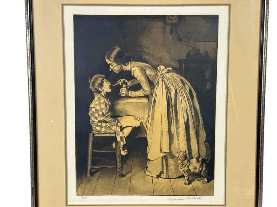 Norman Rockwell (1894-1978) Hand Signed Aritst Proof A/P Lithograph From The Tom Sawyer Suite Medicine (Sepia) 1976 15W X 21H Framed 22W X 27.5H 