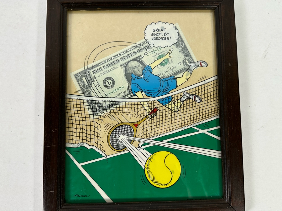 Vintage 1975 Pop Art 'Great Shot By George' Artwork By Artist Maurer / Dollart Co With One Dollar Bill Framed 9.5 X 11.5 [Photo 2]