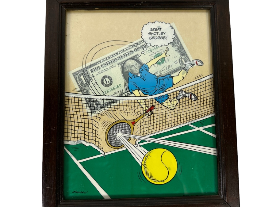Vintage 1975 Pop Art 'Great Shot By George' Artwork By Artist Maurer / Dollart Co With One Dollar Bill Framed 9.5 X 11.5 [Photo 1]