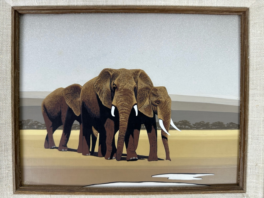 Original Larry Jacobsen Original Oil Painting On Board Of Elephant Herd 10 X 8 Framed 14 X 12 1977 [Photo 1]
