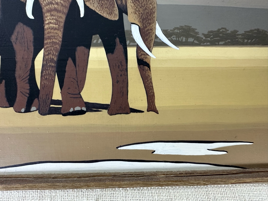 Original Larry Jacobsen Original Oil Painting On Board Of Elephant Herd 10 X 8 Framed 14 X 12 1977 [Photo 6]