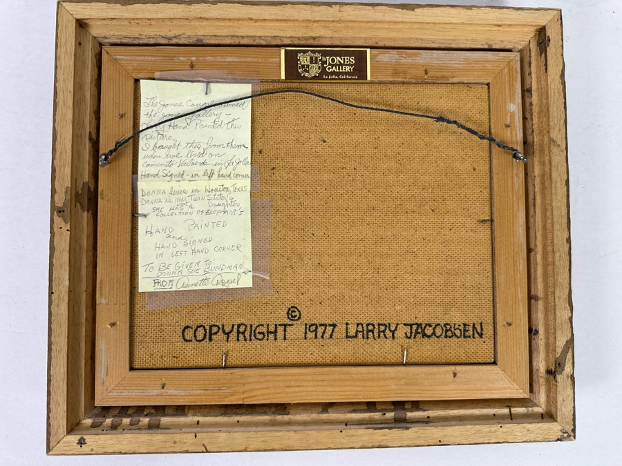 Original Larry Jacobsen Original Oil Painting On Board Of Elephant Herd 10 X 8 Framed 14 X 12 1977 [Photo 9]