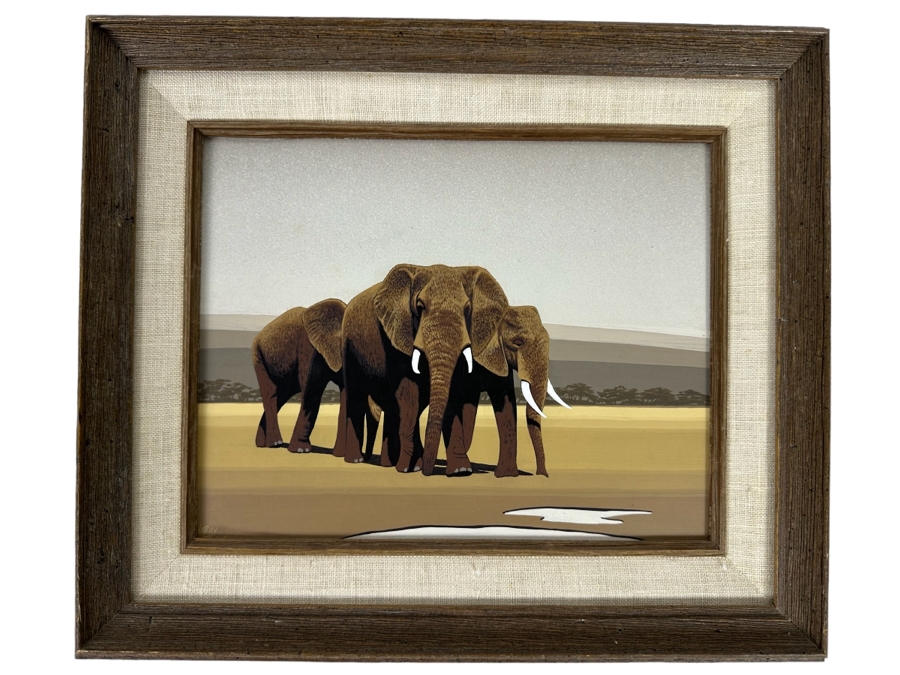 Original Larry Jacobsen Original Oil Painting On Board Of Elephant Herd 10 X 8 Framed 14 X 12 1977 [Photo 2]