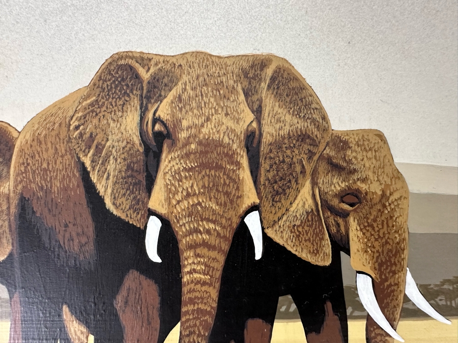 Original Larry Jacobsen Original Oil Painting On Board Of Elephant Herd 10 X 8 Framed 14 X 12 1977 [Photo 5]