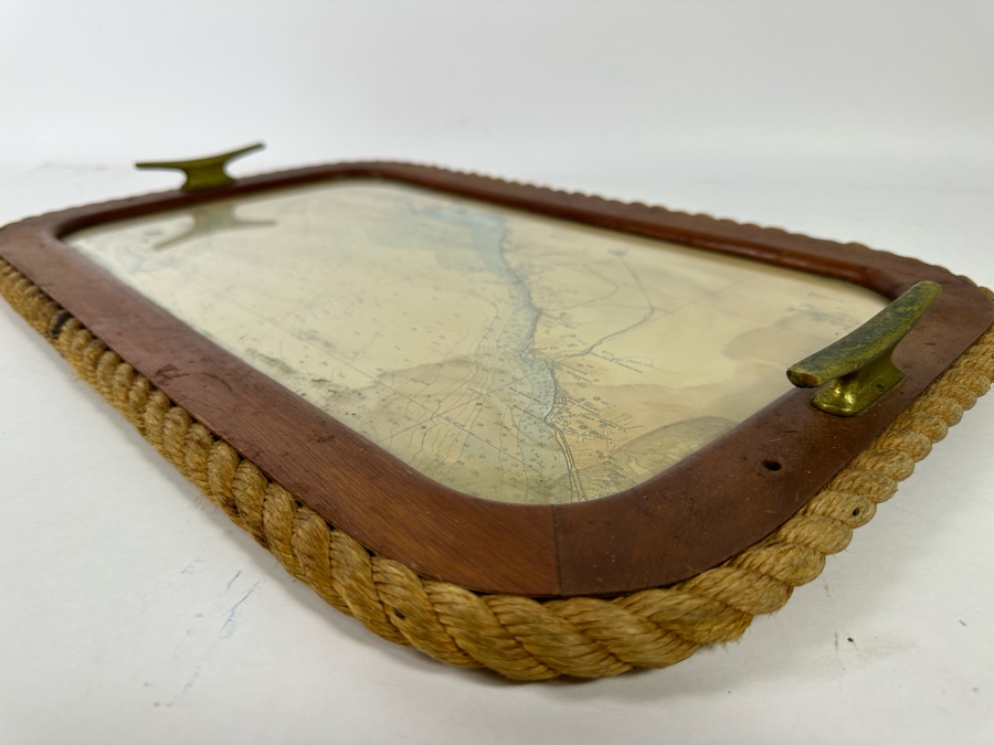Vintage Teak Nautical Themed Tray With Ocean Depth Chart 22 X 14 [Photo 7]