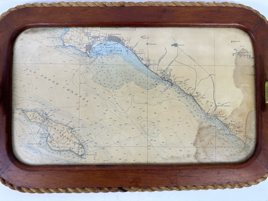 Vintage Teak Nautical Themed Tray With Ocean Depth Chart 22 X 14 [Photo 6]