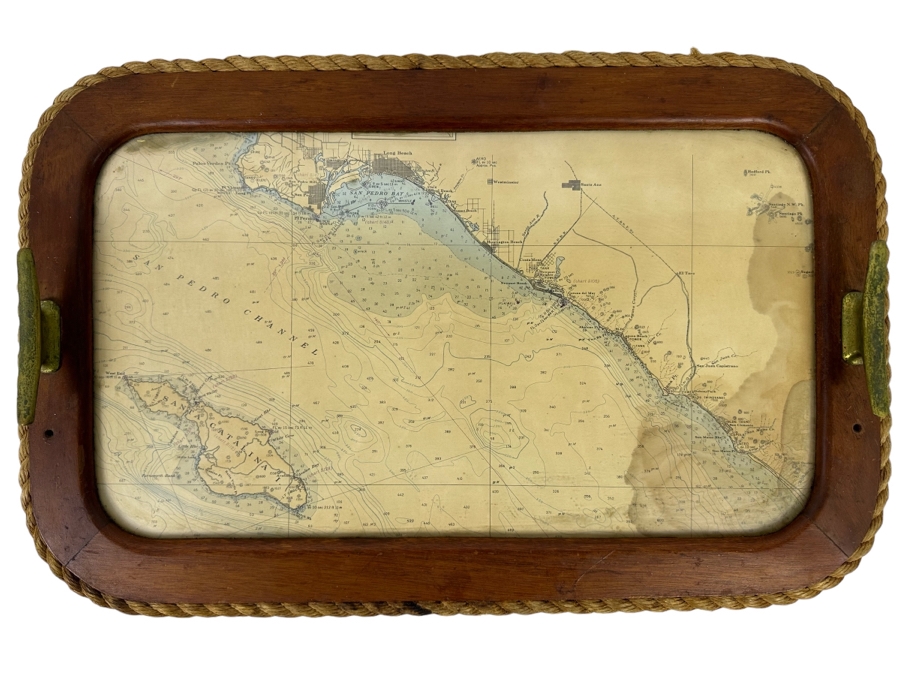 Vintage Teak Nautical Themed Tray With Ocean Depth Chart 22 X 14 [Photo 1]