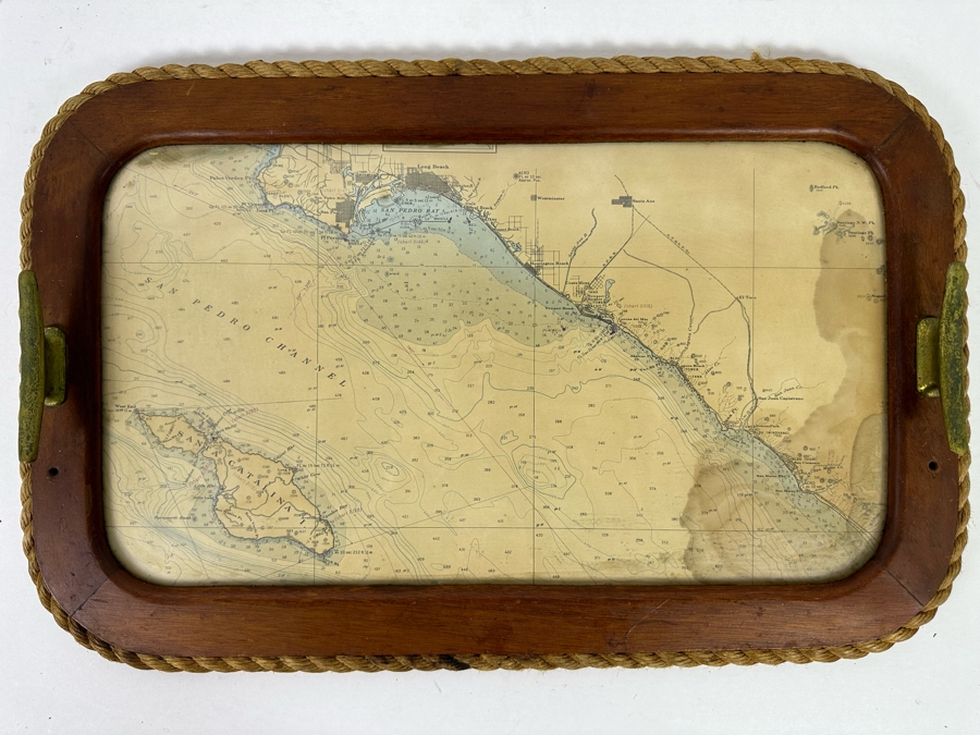 Vintage Teak Nautical Themed Tray With Ocean Depth Chart 22 X 14 [Photo 3]