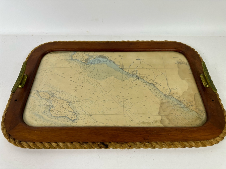 Vintage Teak Nautical Themed Tray With Ocean Depth Chart 22 X 14 [Photo 4]