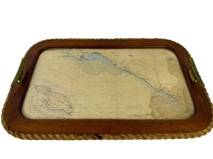 Vintage Teak Nautical Themed Tray With Ocean Depth Chart 22 X 14 [Photo 2]