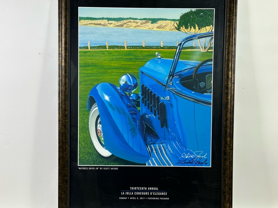Hand Signed Scott Jacobs Poster Titled 'Natures Drive-In' Featuring Packard Car With View Of La Jolla From The Thirteenth Annual La Jolla Concours D'Elegance April 9, 2017 22.5 X 36 Framed 27 X 39.5 [Photo 5]